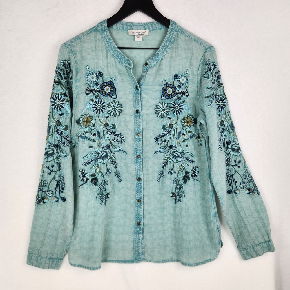 Coldwater Creek Cotton Button Up Blouse Womens XS Blue Floral Embroidered Boho